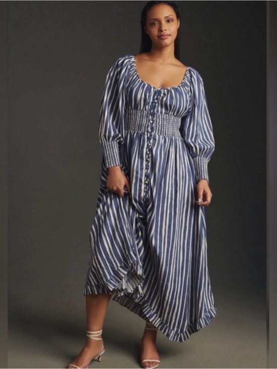 Anthropologie Dresses & Skirts - Anthropologie 1X Striped Long-Sleeve Sweetheart Button Front Peasant Dress NWT